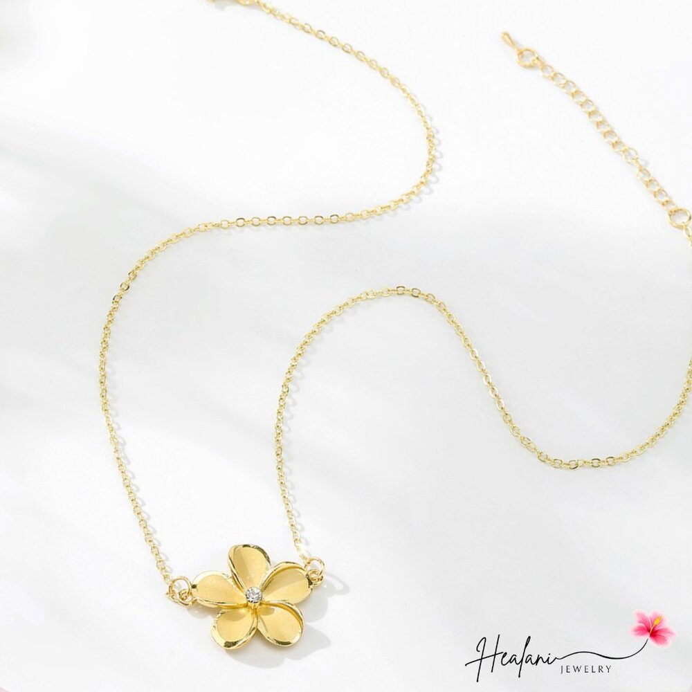 Gold Cubic Zirconia Plumeria Necklace